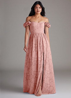 Azazie Autumn Robes de demoiselle d'honneur Robe Trapèze Convertible en Blumen-Burnout Épaule décolletée Rosette image1