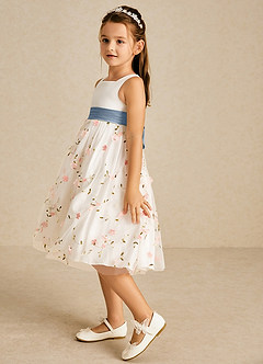 Azazie Pollie Flower Girl Dresses Blushing Pink Dusty Blue A-Line Bow Tulle Dress image5