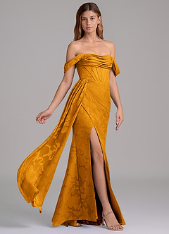 Azazie Amyra Brautjungfernkleider Wandelbar Meerjungfrau-Linie Schulterfrei Blumen-Burnout Kleid Butterscotch image4