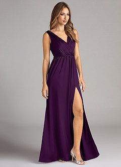 Azazie Tanicia Bridesmaid Dresses Grape A-Line Pleated Stretch Satin Dress image4