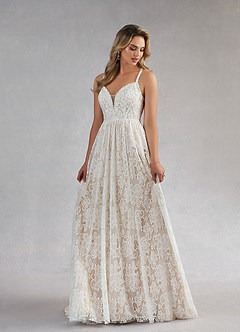 Azazie August Wedding Dresses Diamond White Nude A-Line Lace Dress image2