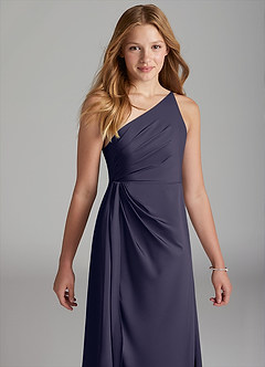 Azazie Mika Junior Robe Trapèze en Satin extensible Plissée Bleu Orageux image4