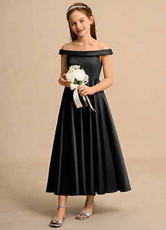 Azazie Teeny Girl Abiti da Ragazza di Fiori Abito A-Line in Raso Opaco Plissettato Nero image1