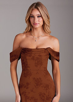 Azazie Saige Bridesmaid Dresses Burnt Orange Floral Sheath Off the Shoulder Stretch Satin Dress image7