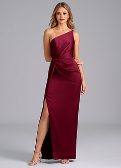 Azazie Naria Jurken voor bruidsmeisjes Jurk van Stretch Satijn met Kolom One-Shoulder Bourgondië image3