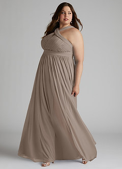 Azazie Hillian Bridesmaid Dresses Taupe A-Line Halter Pleated Mesh Dress image10