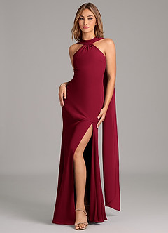 Azazie Kinsley Vestidos de damas de honor Vestido de Borgoña de Gasa de Corte Sirena con Plisado image4