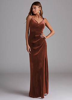 Azazie Leo Bridesmaid Dresses Terracotta Sheath Pleated Velvet Dress image4