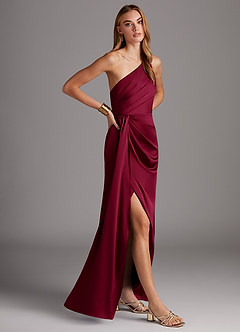 Azazie Mika Bridesmaid Dresses Burgundy Sheath One Shoulder Stretch Satin Dress image4