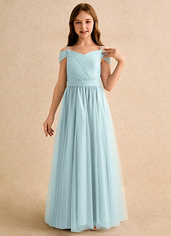 Azazie Yuna Girls Formal Abiti da Ragazza di Fiori Abito A-Line in Tulle a Spalla Scoperta Nebbia image6