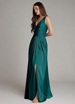 Azazie Pauline Final Sale Peacock A-Line Pleated Stretch Satin Dress image6