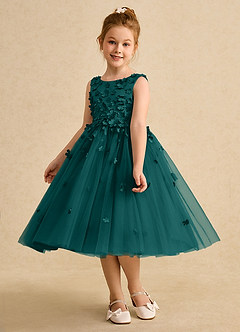 Azazie Lana Flower Girl Dresses Peacock A-Line Sleeveless Matte Satin Dress image3