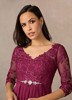 Azazie Hayek At-home Try On Dresses Agave A-Line V-Neck Lace Chiffon Dress image3