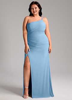 Azazie Eren Bridesmaid Dresses Steel Blue Sheath One Shoulder Chiffon Dress image10