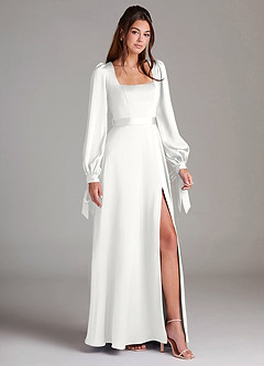 Azazie Leonia Abiti da Damigella Abito A-Line in Raso Elasticizzato Manica Lunga Bianco image3