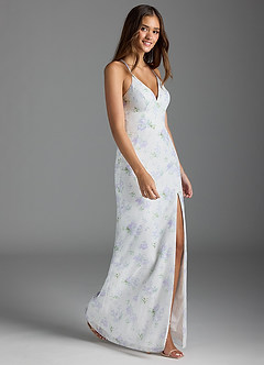 Azazie Becca Bridesmaid Dresses Blue Vintage Floral Sheath V-Neck Chiffon Dress image4