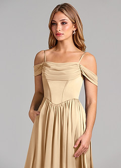 Azazie Raisa Bridesmaid Dresses Champagne A-Line Off the Shoulder Stretch Satin Dress image7