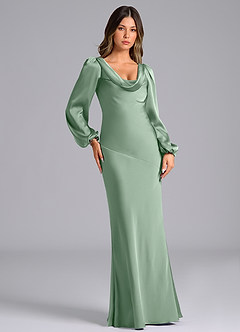 Azazie Rylina Bridesmaid Dresses Agave Mermaid Long Sleeve Stretch Satin Dress image4