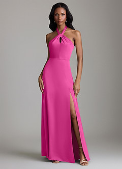 Azazie Tracie Bridesmaid Dresses Fuchsia A-Line Side Slit Stretch Satin Dress image1