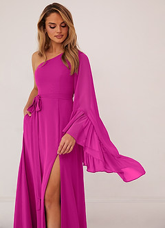 Barbie ♥ Azazie Bridesmaid Dresses Fuchsia A-Line Long Sleeve Chiffon Dress image5