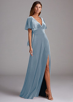 Azazie Kimber Bridesmaid Dresses Dusty Blue A-Line with Pockets Velvet Dress image3