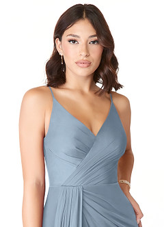 Azazie Evalin Brautjungfernkleider A-Linie V-Hals Gefaltet Gittergewebe Kleid Staubblau image5