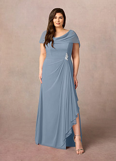 Azazie Mary Mère de la mariée Robes Robe Trapèze en Mousseline de soie Fente Latérale Bleu Poussiéreux image6