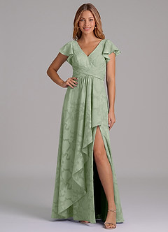 Azazie Omari 신부 들러리 드레스 A라인 주름진 플로럴 번아웃 바닥 길이 드레스 image1