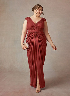 Azazie Lisolette Mother of the Bride Dresses Rust Sheath Pleated Mesh Dress image9