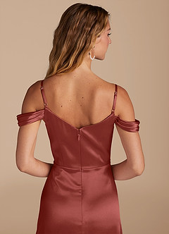 Azazie Ocean Bridesmaid Dresses Terracotta A-Line Off the Shoulder Metallic Satin Dress image5