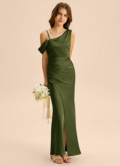 Azazie Madelyn Junior Osłona Zza ramienia Satyna elastyczna Długość podłogi Młodsza druhna Sukienka image4