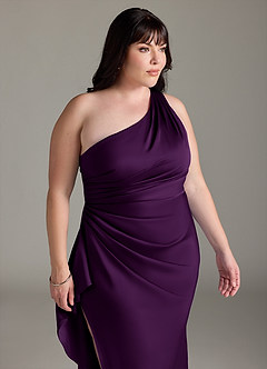 Azazie Latrice Bridesmaid Dresses Grape Sheath One Shoulder Cascading Ruffles Stretch Satin Dress image11