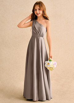 Azazie Puddles Girls Formal Jurken voor bloemenmeisjes A-Lijn Jurk van Mat Satijn One-Shoulder Taupe image6