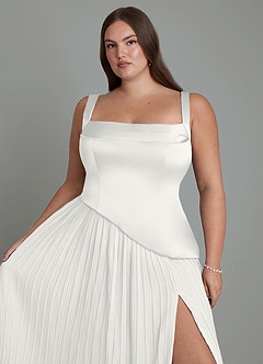 Azazie Stephanie Vestidos de madrinha de casamento Vestido Branco de Cetim elástico de Linha A com Plissado image9