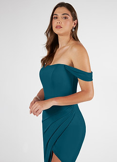 Azazie Kit Bridesmaid Dresses Ink Blue Mermaid Off the Shoulder Mesh Dress image5