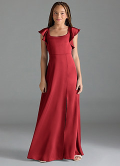 Azazie Bondi Junior Pomegranate A-Line Side Slit Stretch Satin Dress image1