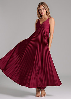 Azazie Raychelle Bridesmaid Dresses Burgundy A-Line Pleated Stretch Satin Dress image2