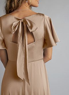 Azazie Kimber Bridesmaid Dresses Taupe A-Line Ruched Stretch Satin Dress image5
