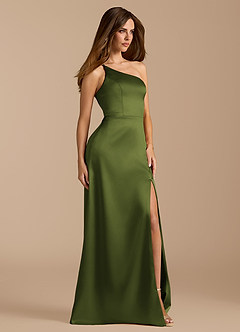 Azazie Trina Robes de demoiselle d'honneur Robe Trapèze en Satiné métallisé Ue épaule Olive image4
