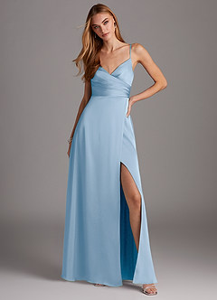 Azazie Calissa Final Sale Agave A-Line V-Neck Pleated Stretch Satin Dress image3