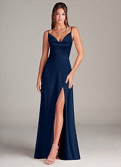 Azazie Sarella Bridesmaid Dresses Dark Navy A-Line Pleated Stretch Satin Dress image1