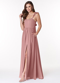 Azazie Metz Vente Finale Robe Trapèze en Mousseline de soie Froncé en cœur Rose Poussiéreuse image4