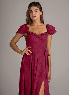 Azazie Aricella Bridesmaid Dresses Burgundy A-Line Corset Floral Burnout Dress image6