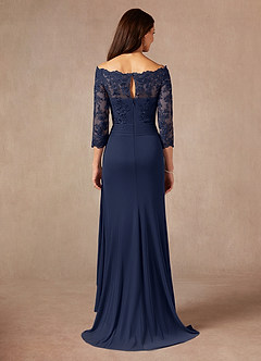 Azazie Rhonda Mother of the Bride Dresses Dark Navy Mermaid Off the Shoulder Mesh Dress image2