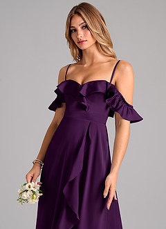 Azazie Lyra Bridesmaid Dresses Grape A-Line Off the Shoulder Stretch Satin Convertible Dress image7