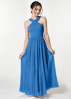 Azazie Jiya Junior Blue Jay A-Line Pleated Mesh Dress image1