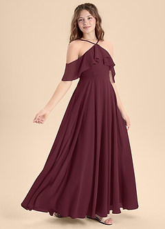 Azazie Tessabelle Junior Cabernet A-Line Off the Shoulder Chiffon Dress image3