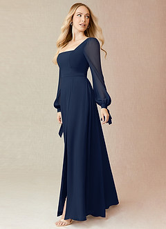 Azazie Leonia Bridesmaid Dresses Dark Navy A-Line Long Sleeve Chiffon Dress image4