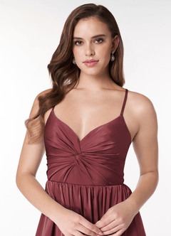 Azazie Raya Bridesmaid Dresses Merlot A-Line V-Neck Pleated Stretch Satin Dress image5