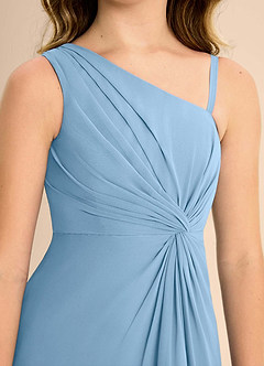 Azazie Brooke Junior Vestido de Azul Acero de Gasa de Corte en A con Corte Lateral image7